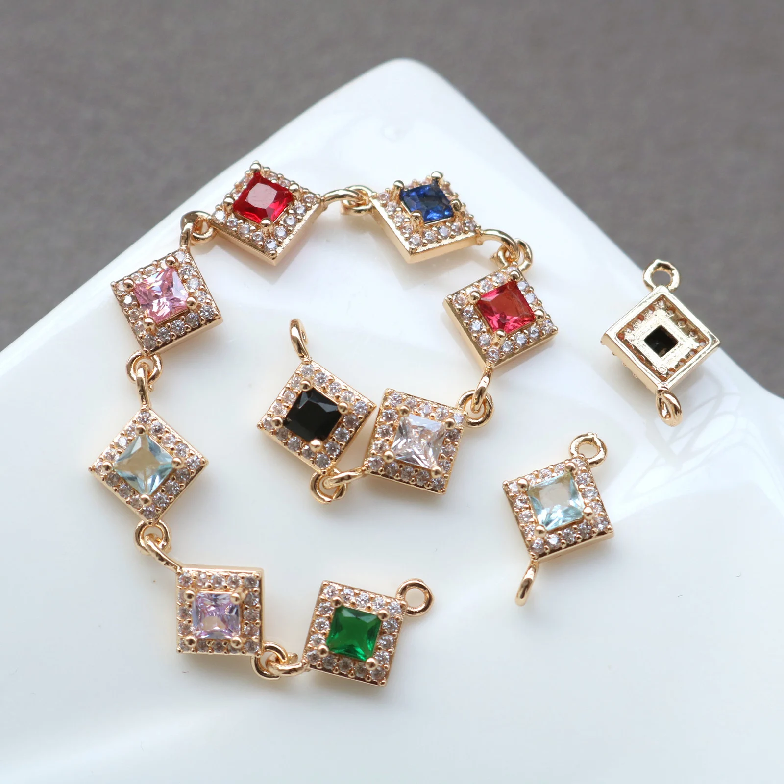 2 PCs Geometric Connectors Charms Brass & Glass  Pendants Gold Plated Multicolor Micro Pave Clear Rhinestone for DIY Bracelet