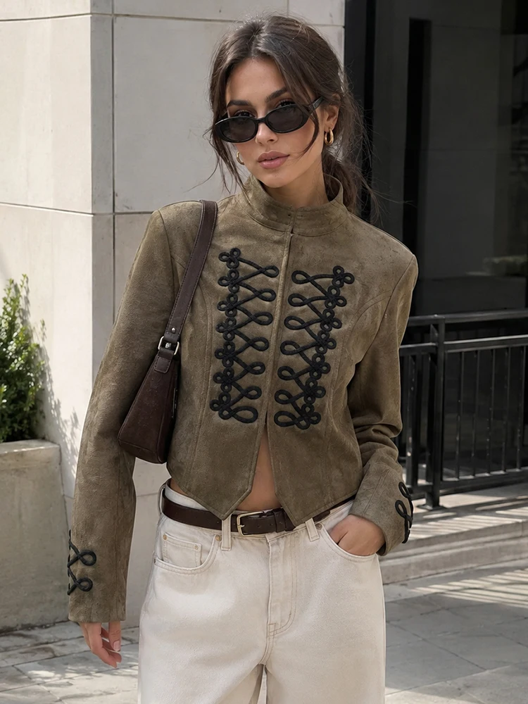 HH Spring Fell Taupe Cropped Jacket Stand Collar Braided Cord Lace‑Up Embellishment Slim Fit Retro Casual Office Outer Coat