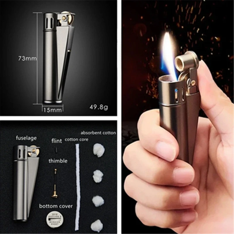 Retro Metal Cotton Oil Lighter with Personalized One-Click Ignition Wheel Flint Cigarette Accessory Tool，Holiday gift lighter