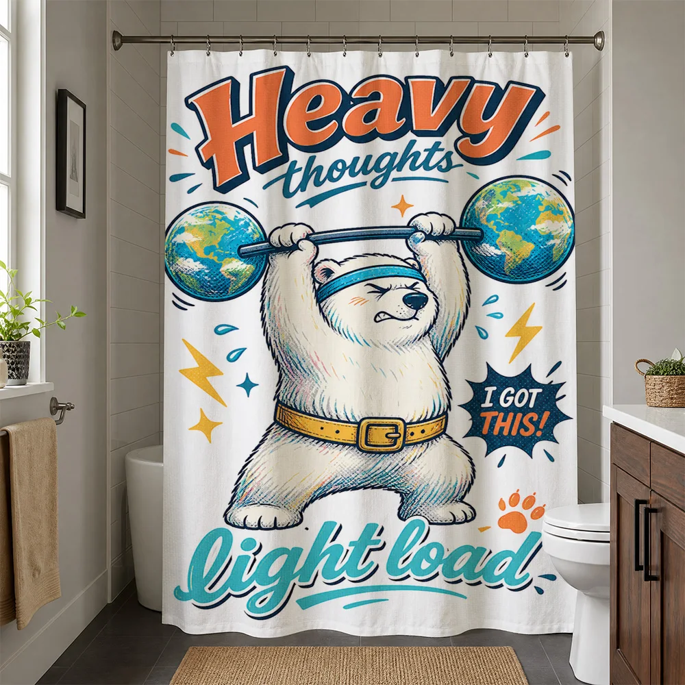 Funny Bear Weights Lift Shower Curtain Waterproof Bathroom Decor Cartoon Thought Novelty Shower Curtains for Master Bath Room Ho