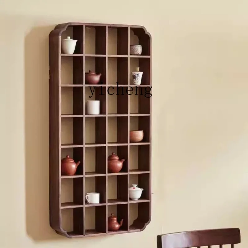 E22  North American black walnut solid wood wall tea room Bogu rack tea set wall-mounted Duobao Pavilion