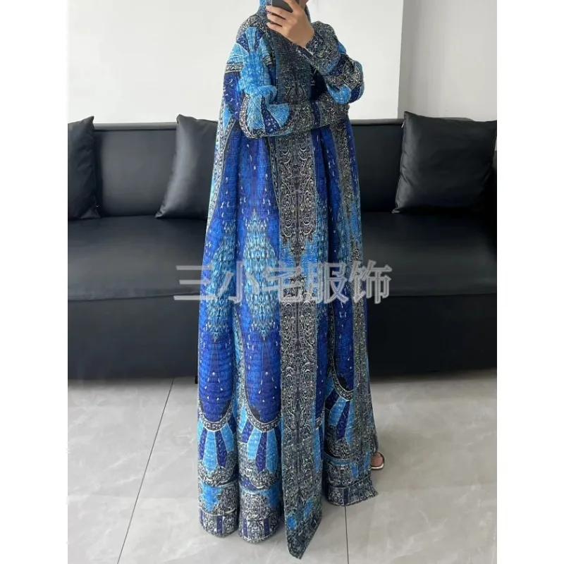 Muslim Abaya Women\'s Cardigan Dress with Blue Printed Robe for Eid Al Fitr, Ramadan Dubai Long Sleeved Lapel Cardigan Belt