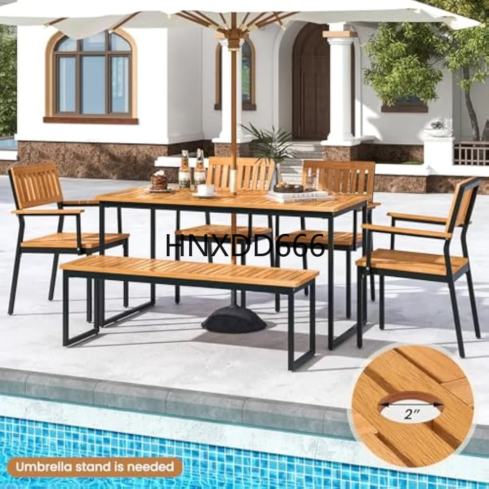 6 Pieces, Patio Table and Chairs Set with Bench for 6-7 People, Furniture Set with 2" Umbrella, Outdoor Tables