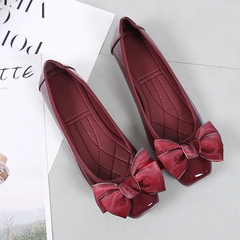 Fashion Pointed Toe Women Flats Shoes Bow Women Shoes Patent Leather Casual Single Summer Ballerina Shallow Mouth Shoes