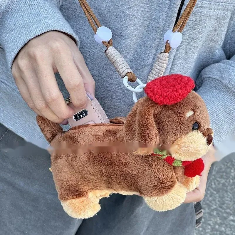 

Sausage Dog Car Key Bag Cartoon Anime Japan Korea Red Hat Can Be Crossed Earphone Bag Handheld Creative Wallet Portable Outing