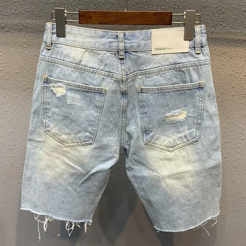 High End Jeans Man Summer Light-colored Ripped Denim Shorts Men's Half Pants Loose Straight Breeches Thin Burrs Half Shorts