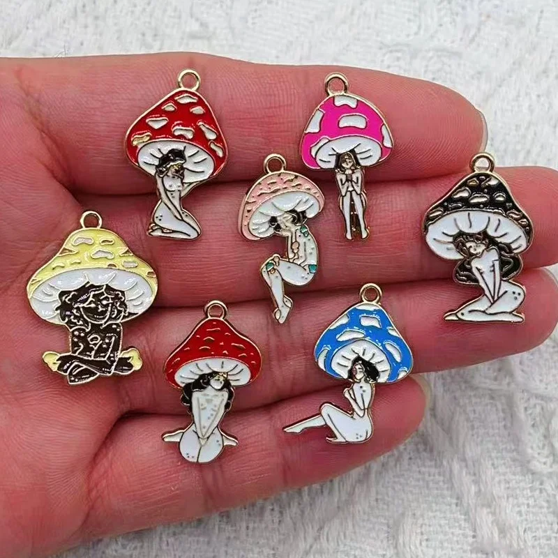 10pcs alloy mushroom charm bikini girl swimsuit cartoon character jewelry discovery earrings pendant necklace DIY production