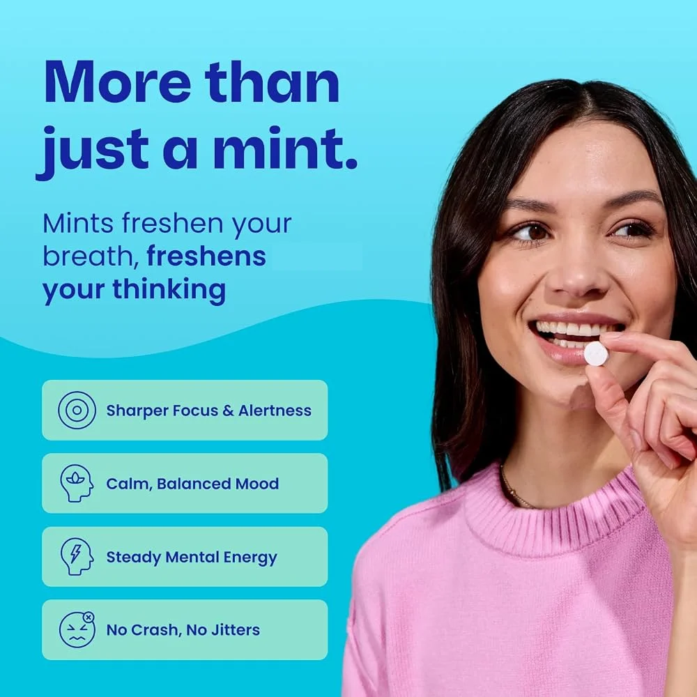 Energy & Focus Mints Sugar Free Breath Mints with Natural Caffeine, B Vitamins & L-Theanine - Vegan Brain Supplement Peppermint