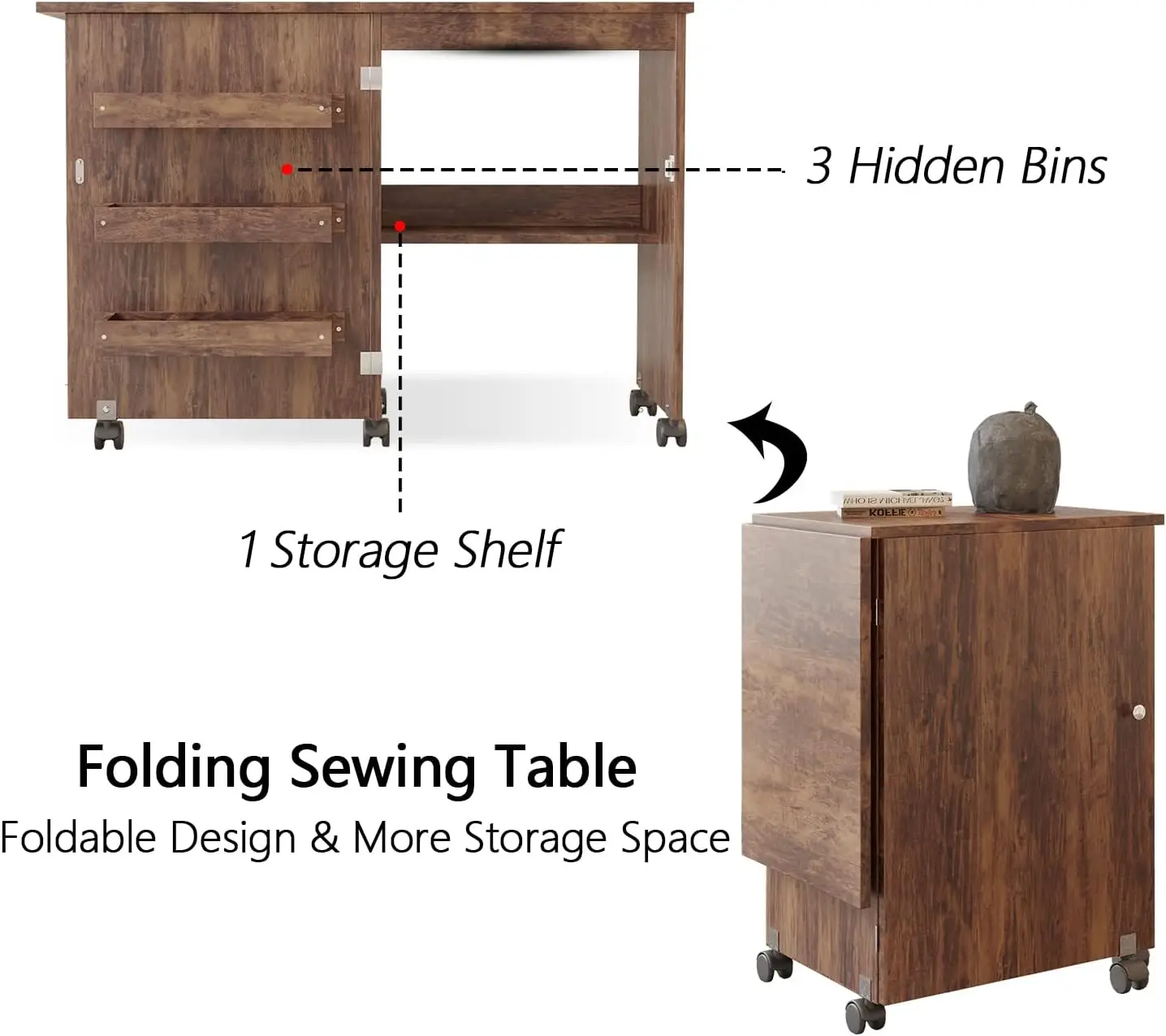 Folding Sewing Table Multifunctional Sewing Machine Cart Table Sewing Craft Cabinet Table with Storage Shelves Portable