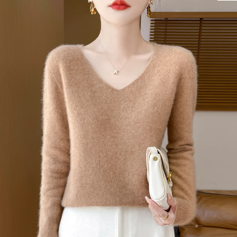 100% Wool Sweater Women V-neck Solid Long Sleeve Top Autumn Winter Fashion Elegent Knit Basic Female Warm Soft Pullover Jumper