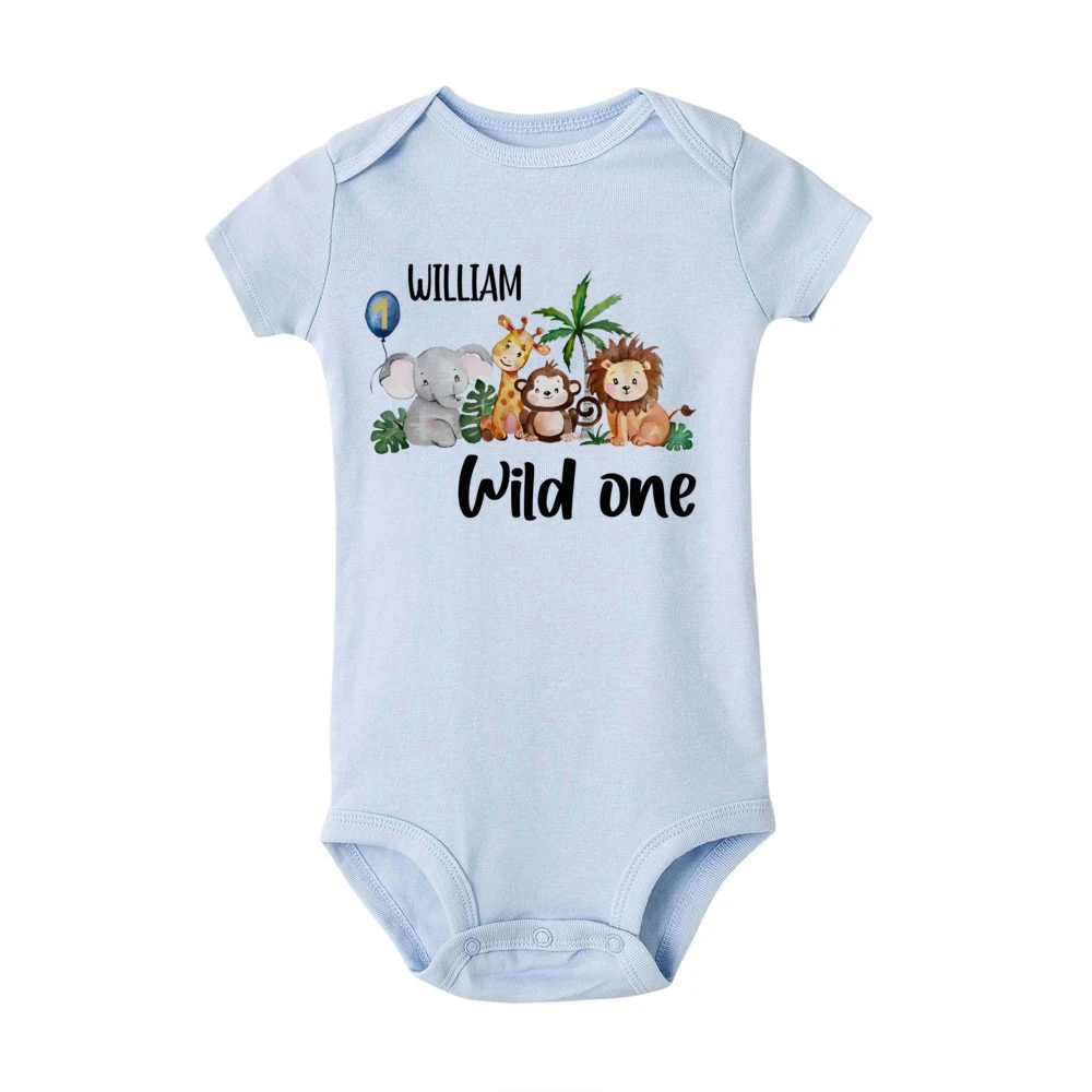 Custom Name Wild ONE&Animal Print Infant Bodysuit Personalized Birthday Short Sleeve Baby Romper Birthday Boy Clothes