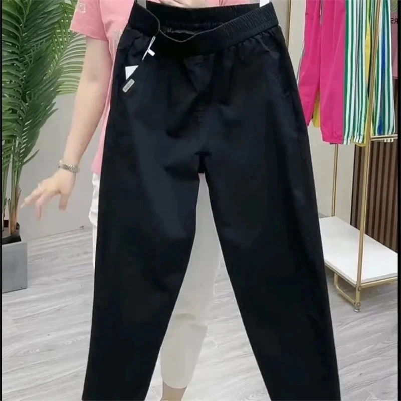 春夏綿カジュアルパンツ 2025 新しい女性韓国高ストレッチウエストハーレムパンツ女性足首までの長さのストレートズボン