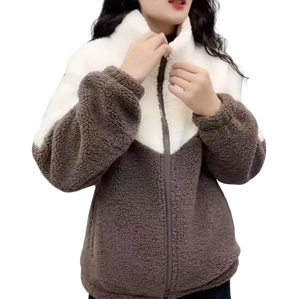 Loose Women Jacket Colorblock Winter Coat  2024 Korean Stand Collar Zipper Pockets Women Thick Plush Warm Long