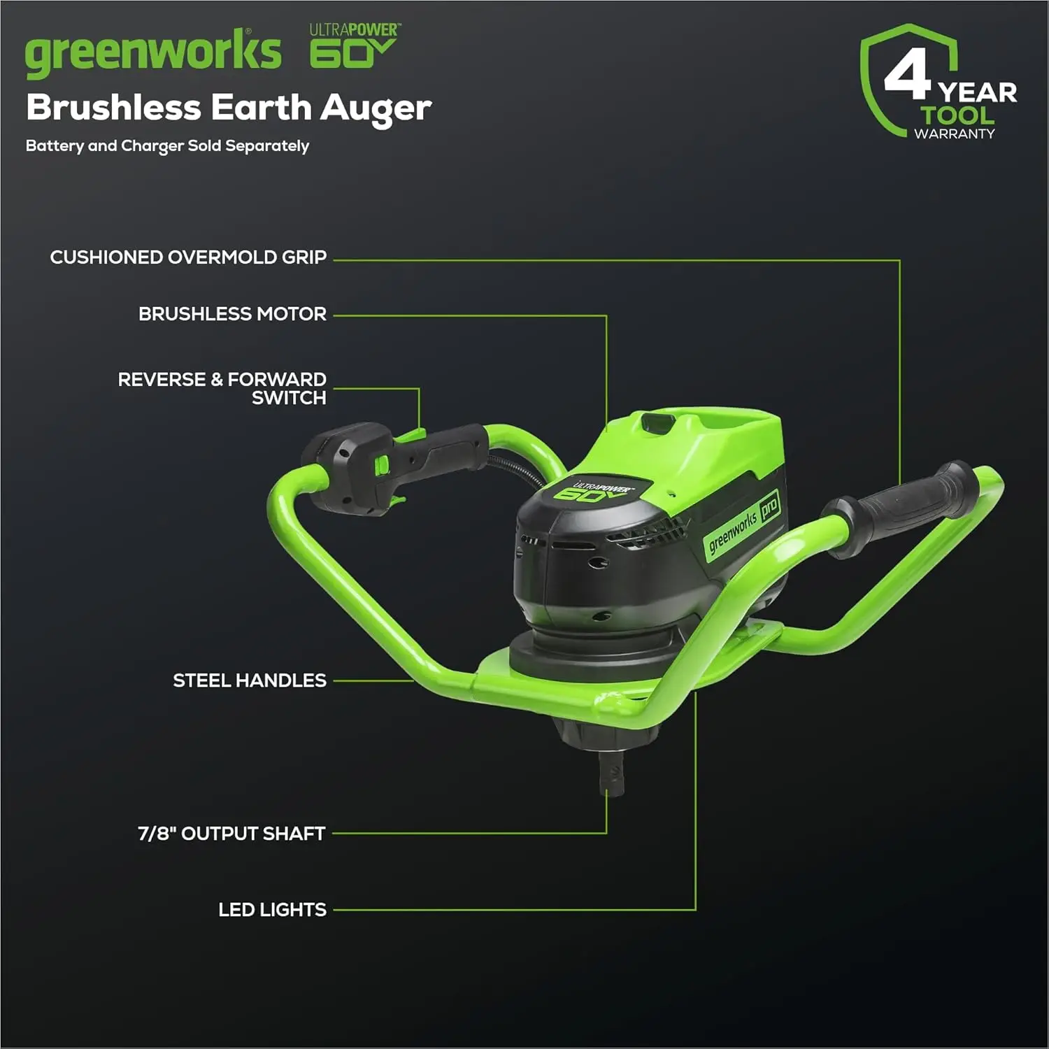 Greenworks Pro 60V Brushless Earth Auger | Post Hole Digger Great For Fences, Gardening, Planting Without Auger Bit, 4.0Ah