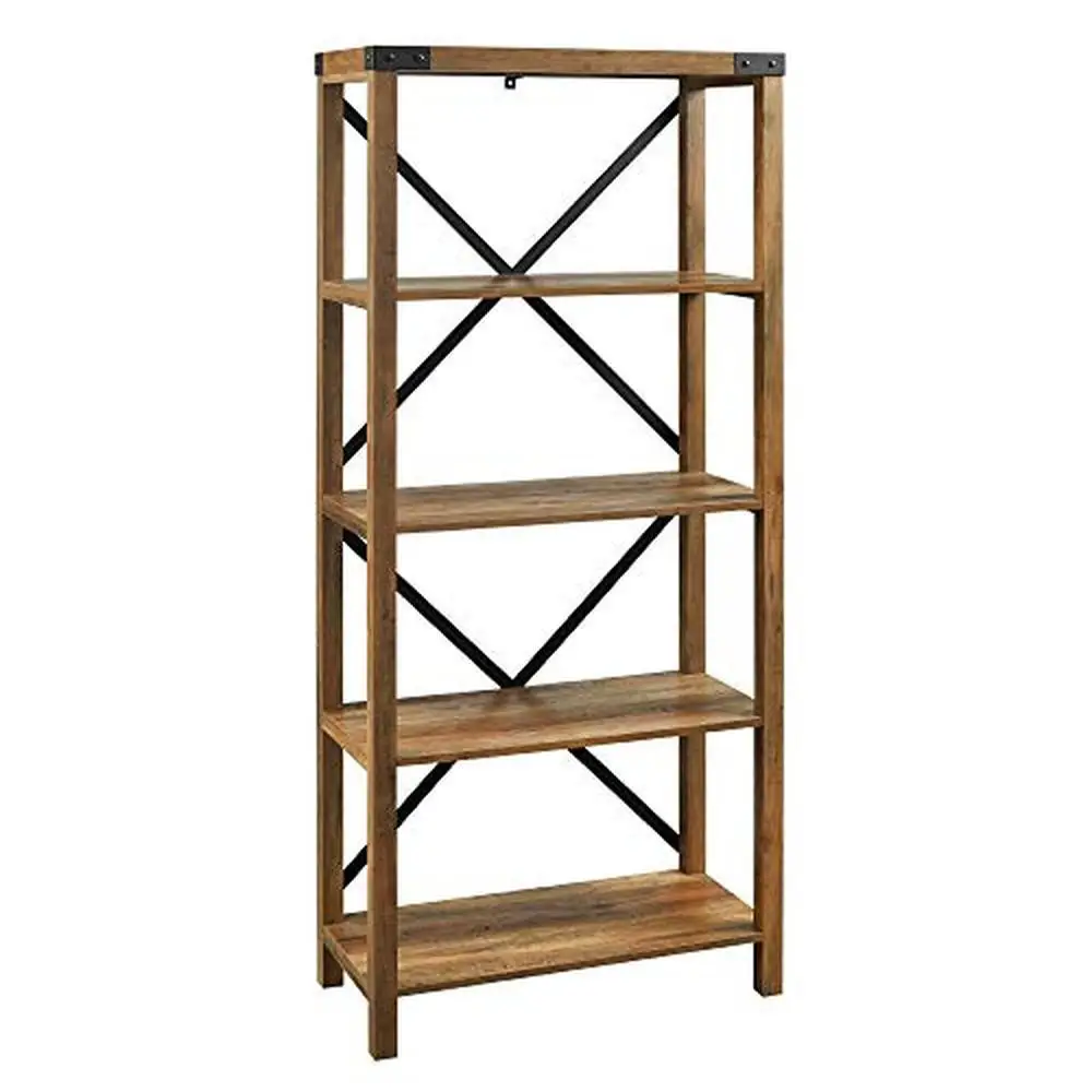 Rustic Oak Metal X Back 4 Tier Bookshelf 64" Heavy Duty Wall Mount Bracket Shelf Office Kitchen Bedroom Hallway Adult Book Shelf