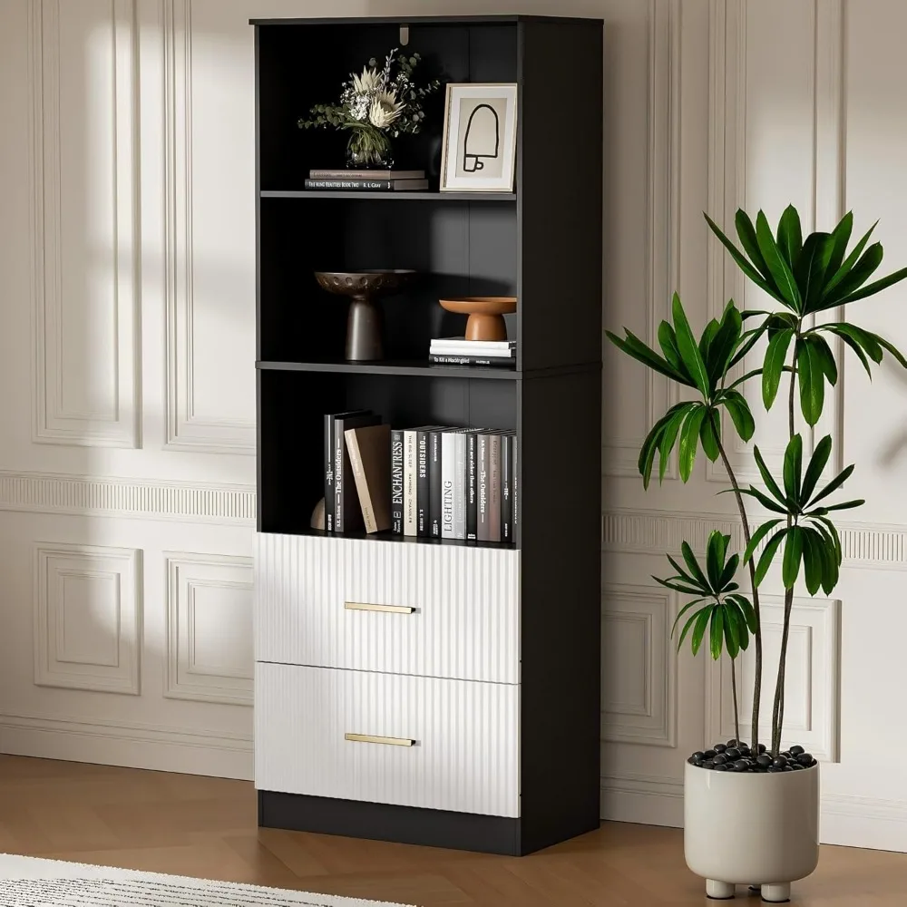 

Bookshelf with Drawers, 63 Tall Fluted Bookshelf with Storage, 3 Shelf Bookcase with Adjustable Shelf, 3 Tier Modern Book Shelf,