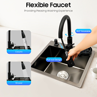 45x40cm Black Kitchen Sink Multi-functional with Pull-Out Faucet, Cup Rinser, Basket, Soap, Stainless Steel Single Bowl Pipe Set