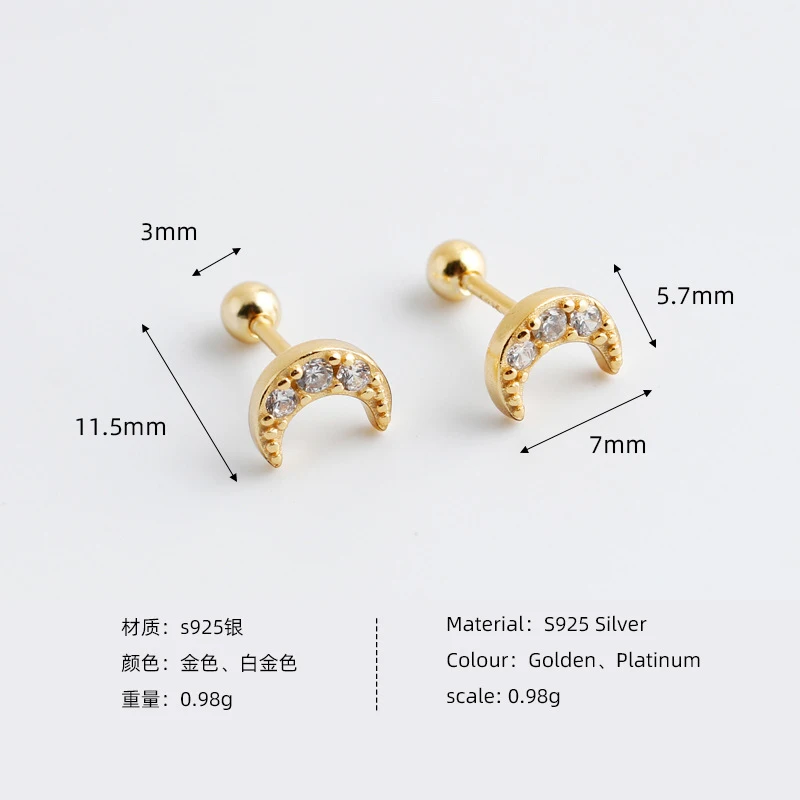 WANTME 925 Sterling Silver Simple Romantic Moon Zircon Ear Bone Chic Piercing Bead Stud Earrings European Women Jewelry Gift