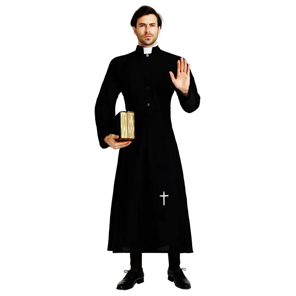 Black Men's Priest Costume Adult Father Robe Monk Cross for Cosplay Stage Halloween Party