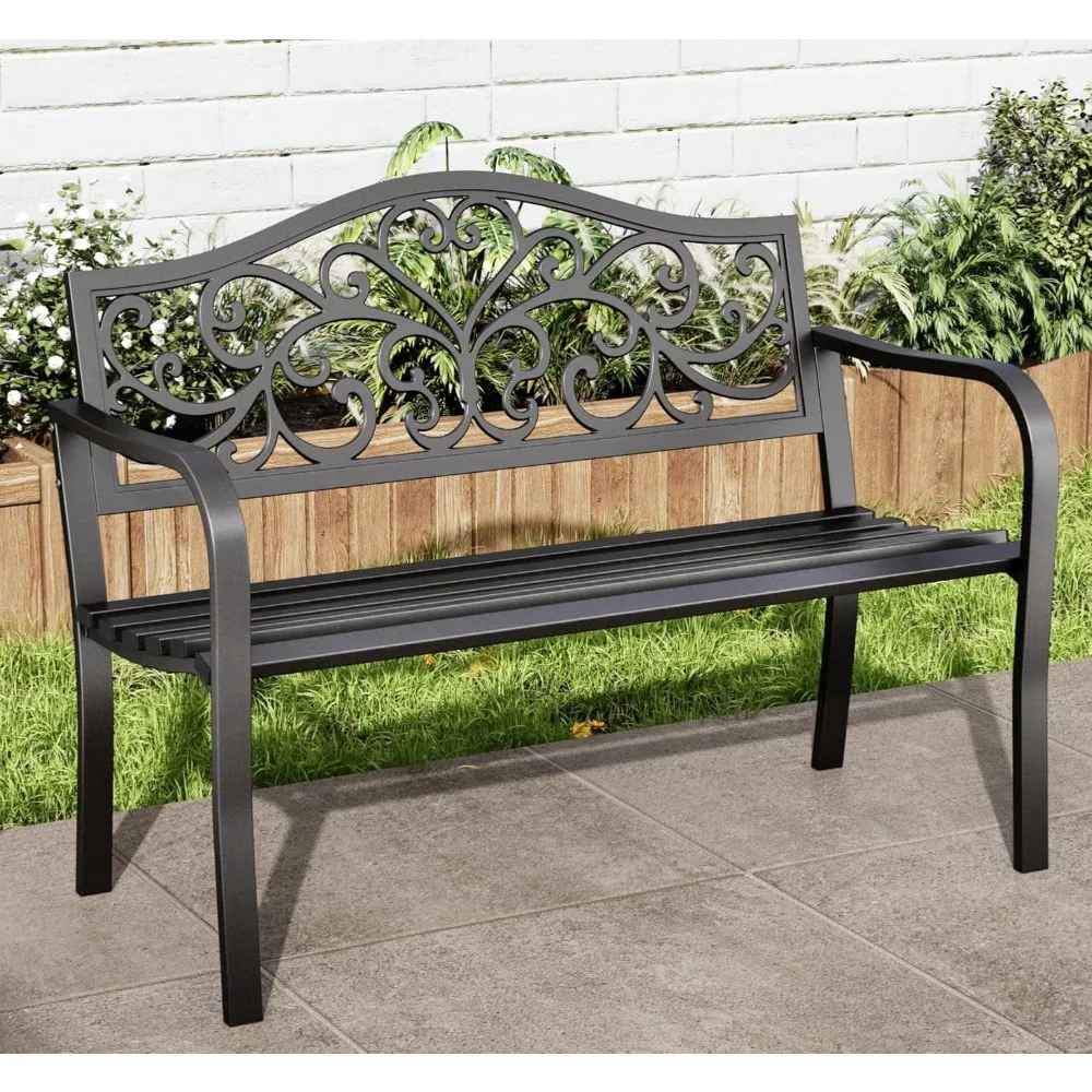 

43.7 Inches Outdoor Garden Bench, Cast Iron Metal Frame Patio Park Outside Benches with Floral Pattern Backrest for Front Porch