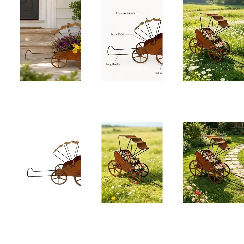 Rusty Metal Rickshaw Flower Pot Cart for Balcony Porch Entry Display D2RD