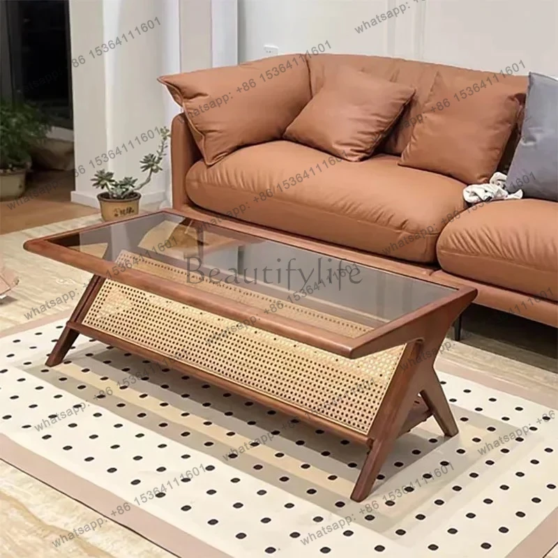 jj58 French retro coffee table solid wood rattan living room home tea table rectangular simple, retro glass tea table