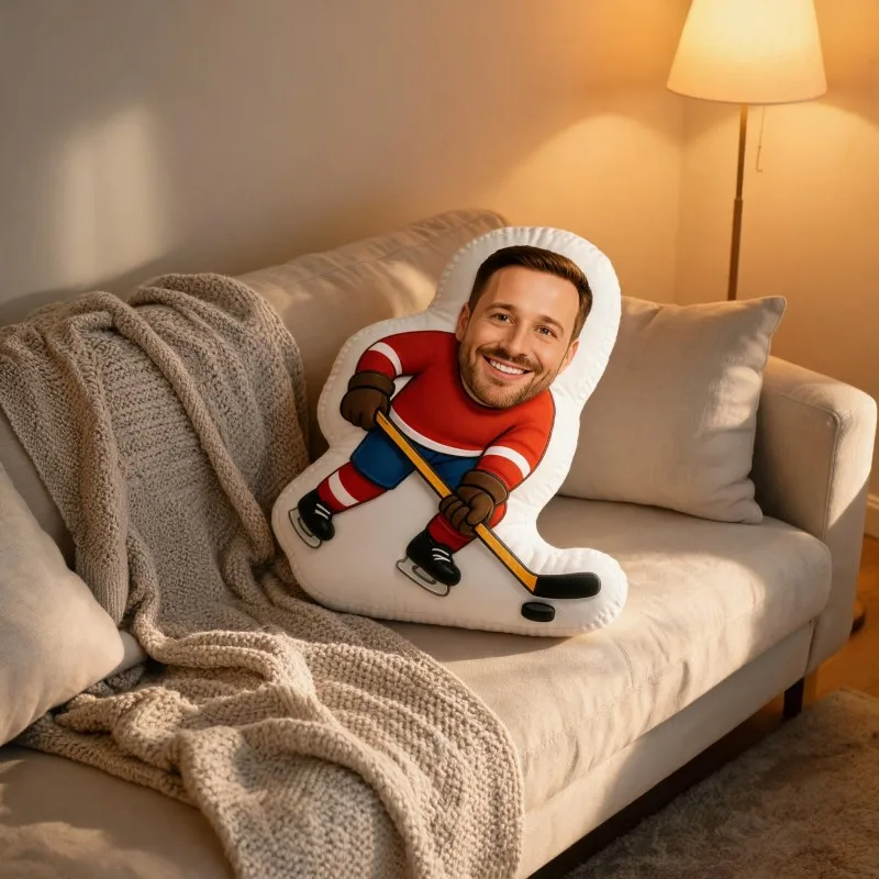 Custom Personalized Photo Hockey Player Shaped Pillow, Red Jersey Sports Style Decorative Cushion, Unique Home Decor Accent for