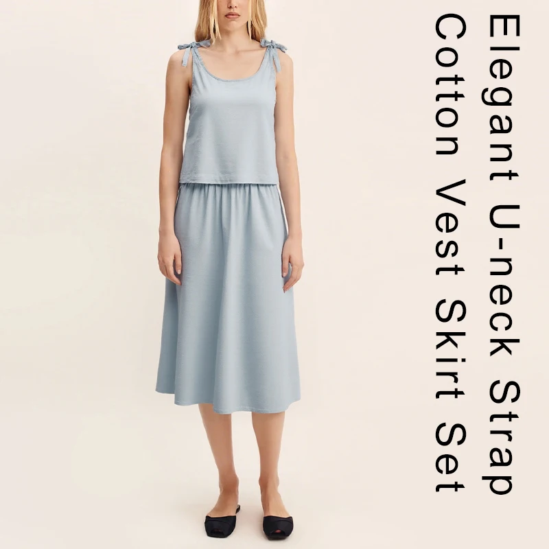 

Cotton Linen Summer Women's Set Solid Color Sleeveless Strap U-neck Top+Elastic Waist Skirt 2-Piece Casual Outfit Suit