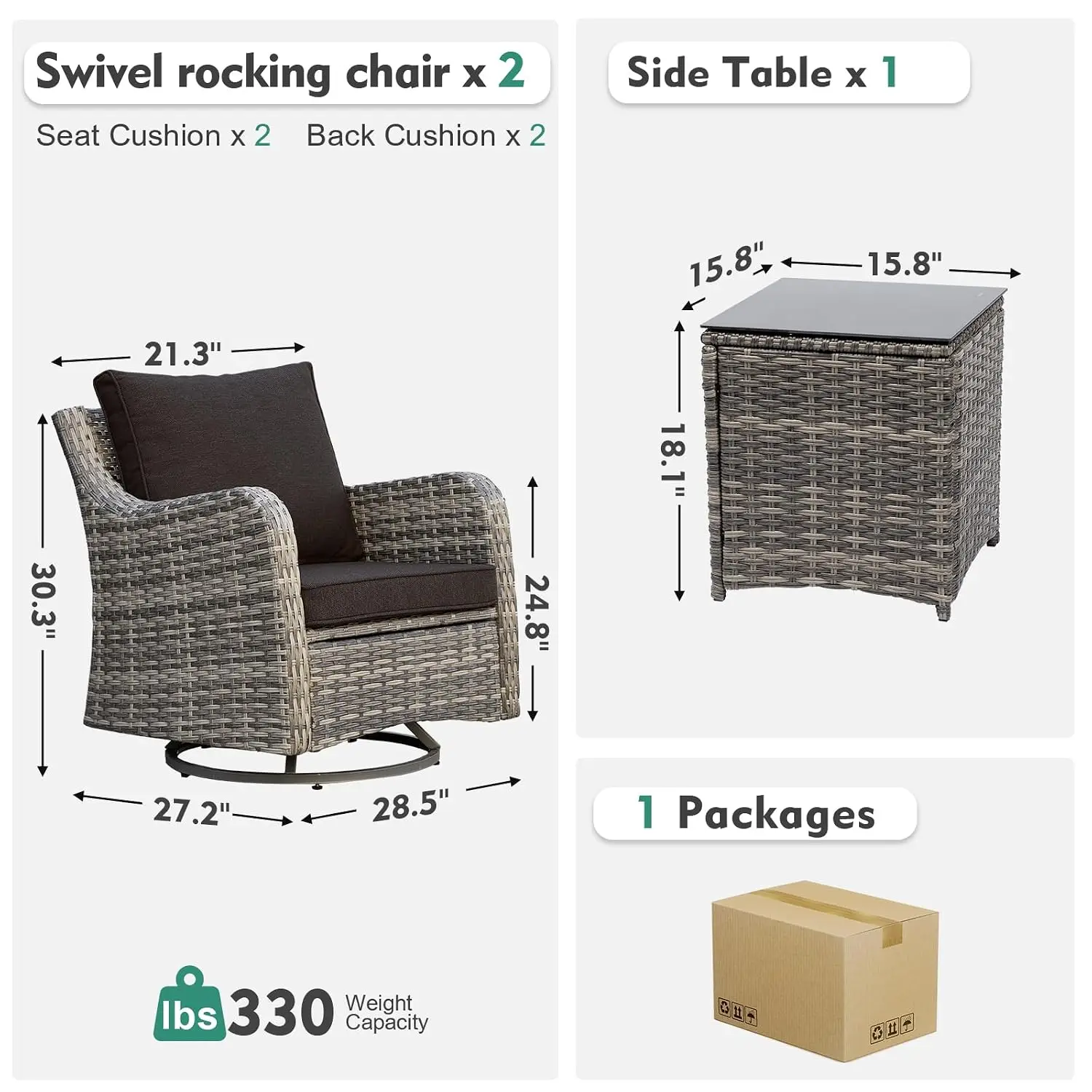 3-Piece Patio Swivel Rocker Set, Washable Cushion & Glass Table, Outdoor Rattan Furniture For Lawn Backyard Porch, Customized