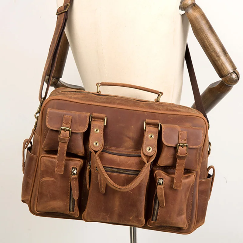 New large-capacity computer bag crazy horse leather messenger bag leather leisure travel bag leather retro handbag