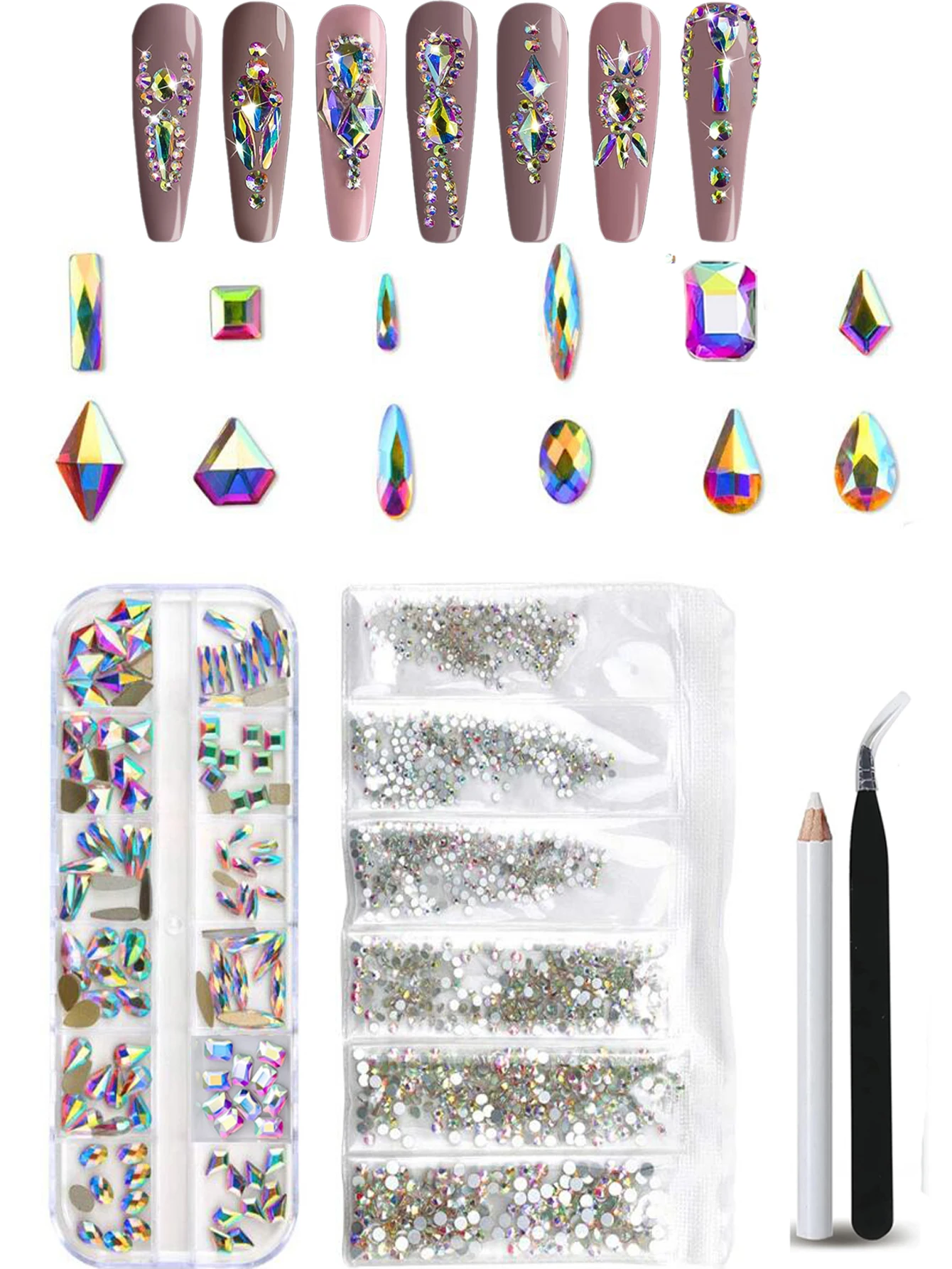 1 مجموعة كريستال AB الراين ثلاثية الأبعاد مسمار الفن سحر متعدد الأشكال الزجاج الماس الأحجار الخرز المستديرة لمسمار الفن الديكور Crafts بها بنفسك الحرف