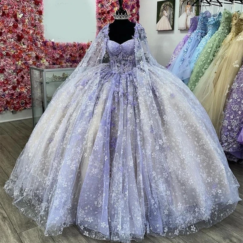 

Lavender Lilac Quinceanera Dress Ball Gown Applique Beading Tulle With Cape Corset Sweet 16 Vestidos De XV 15 Anos