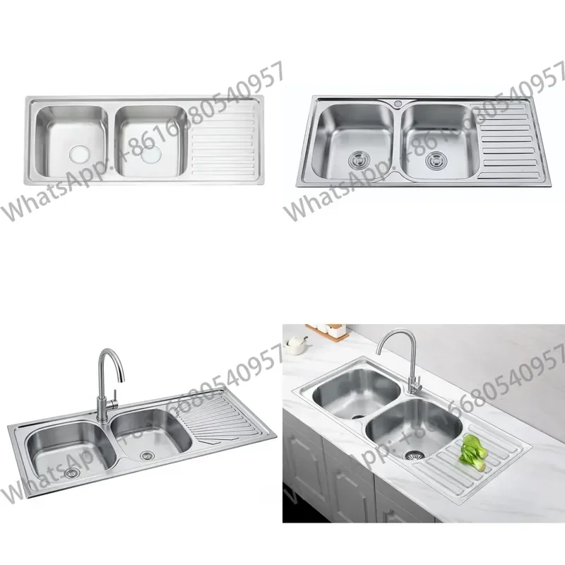 304/201 Stainless Steel Double Bowl Sink with Drainer Modern Design Drop in Installation 1.2m for Kitchen or Outdoor Use