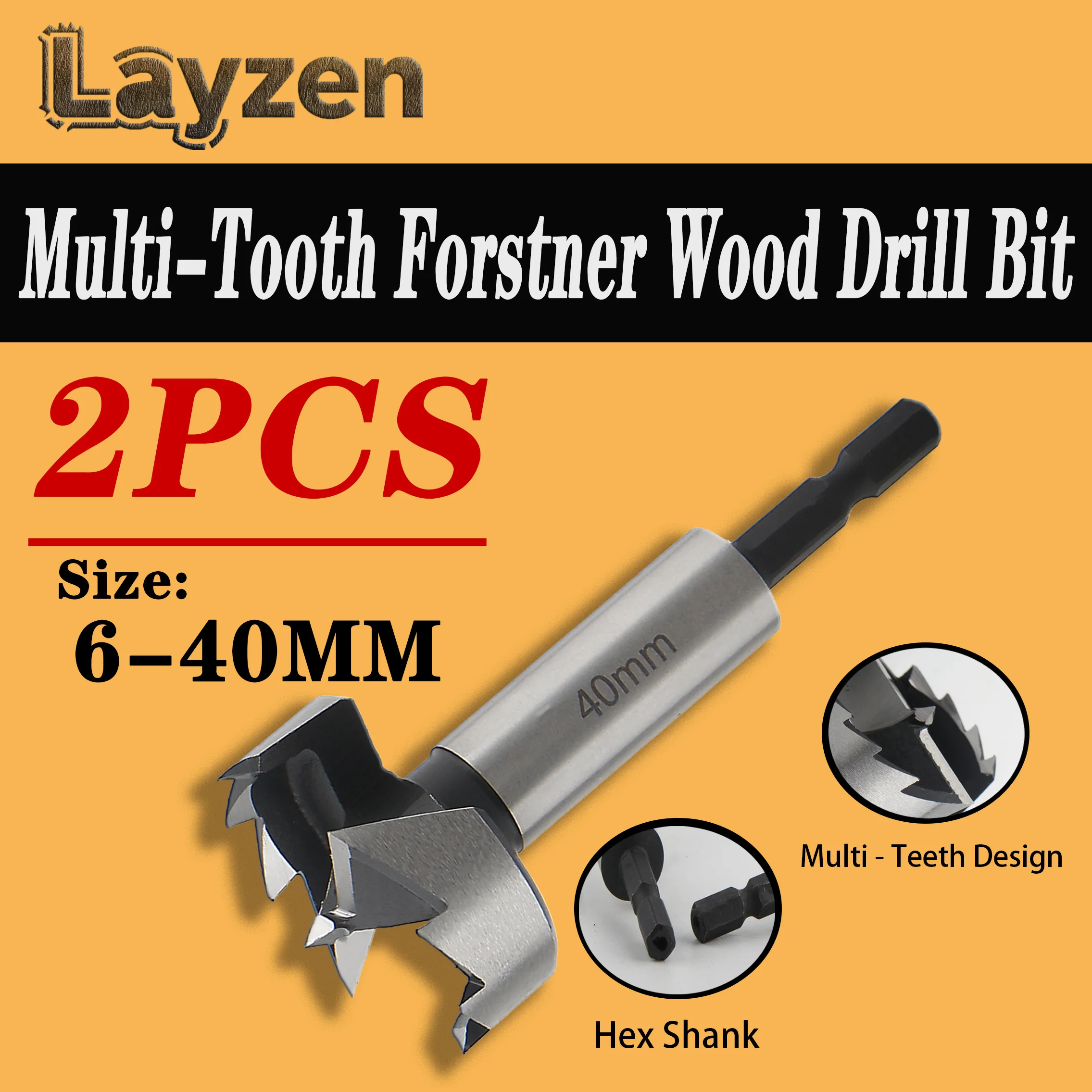 

Layzen 2Pc 6-40mm Forstner Woodworking Tools Hole Saw Hinge Boring Drill Bits 1/4"(6.35mm) Hex Shank High Carbon Steel Cutter