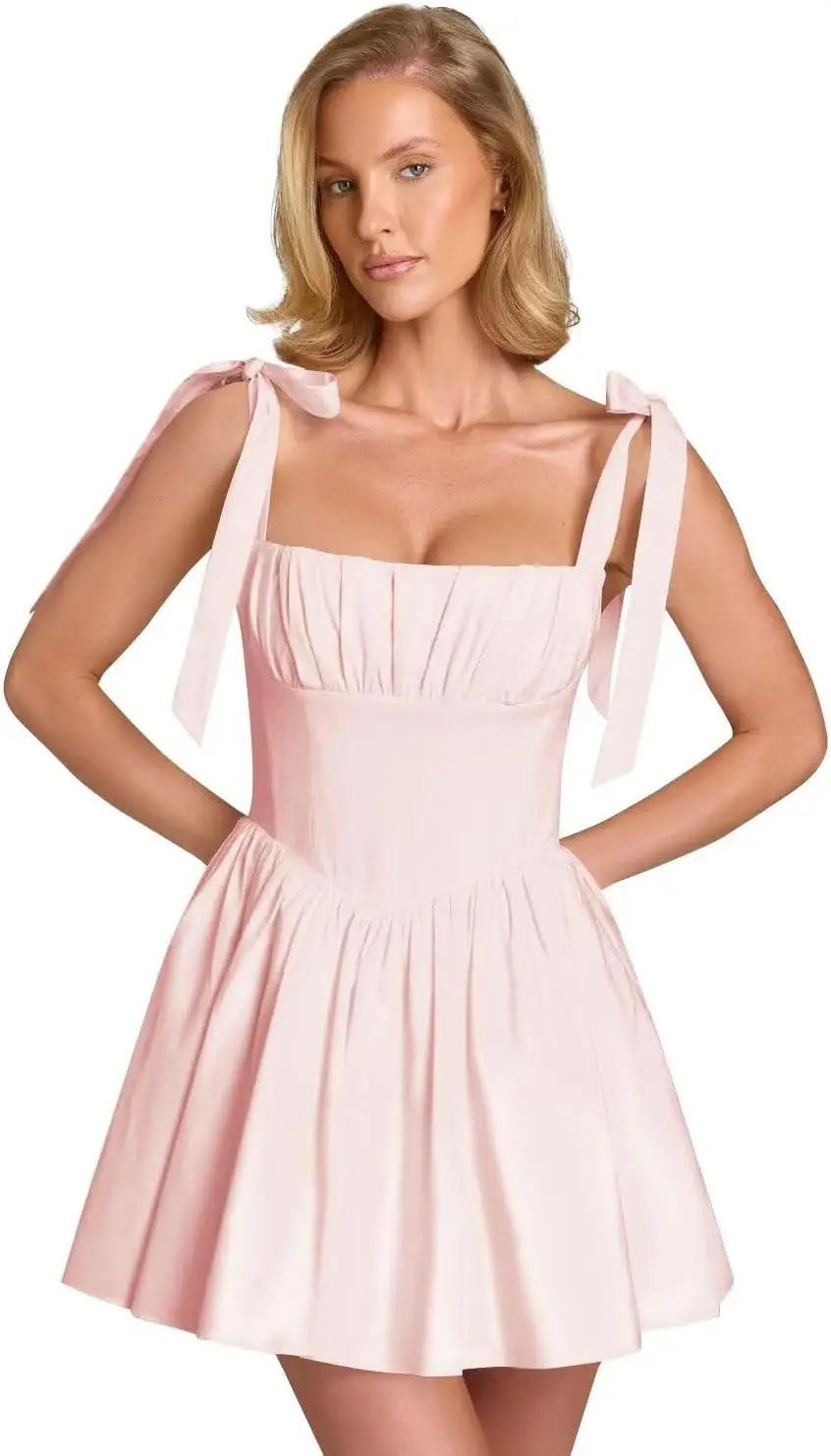 

Spaghetti Strap Teenage Back To School Dress, Satin A-line Short Birthday Party Dress, Pleated Cocktail Party Dress with Pockets