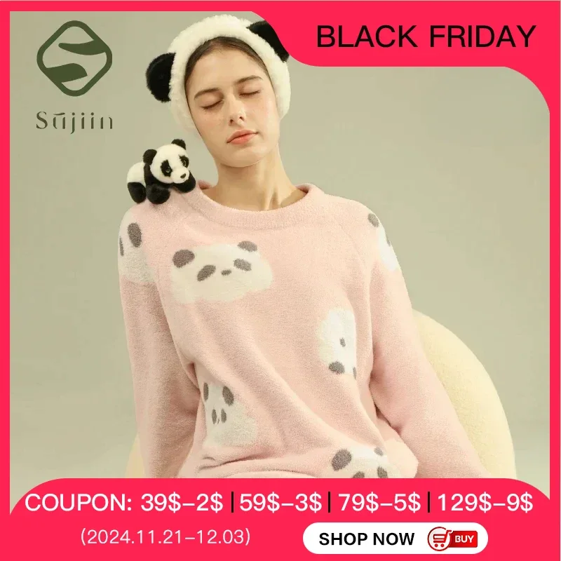 SUJIIN Women's Cute Pajamas Sets Autumn Winter Panda Graphic Sleepwear for Women Men Couple Loungewear Suit Home Clothes SH001