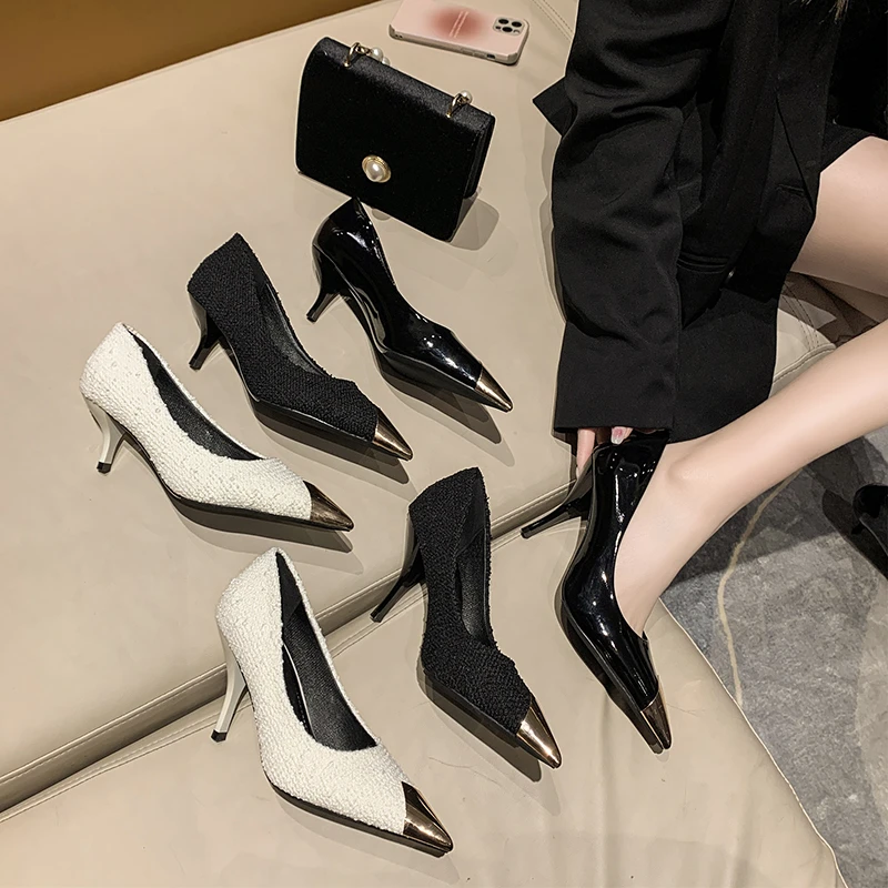 High Heels Patent Leather Pointed Toe Metal Decoration Fashion Women\'s Shoes Summer Pole Dance Stripper Shoes Dress Party Pumps