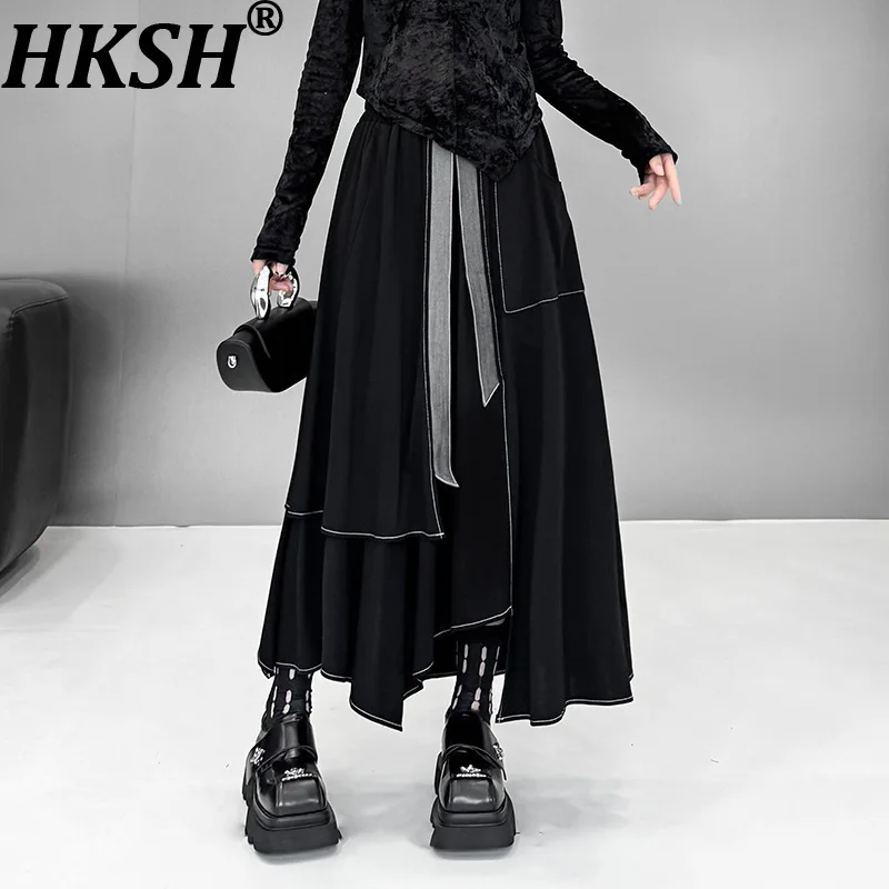 

HKSH осенняя новая женская юбка джинсовая лоскутная асимметричная дизайнерская плиссированная универсальная уличная одежда с эластичной резинкой на талии повседневные юбки HK12290