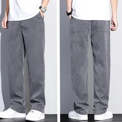 2024 New Summer Thin Soft Lyocell Fabric Jeans Men Loose Straight Wide Leg Pants Elastic Waist Casual Trousers Plus Size M-5XL