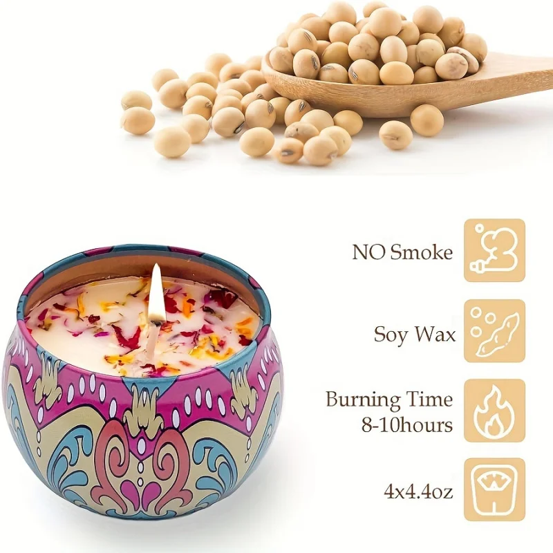 4pcs Scented Candle Set - Jasmine, Sandalwood, Rose & More - Perfect for Relax, Relaxation, Yoga & Bathing - Ideal Holiday Gift