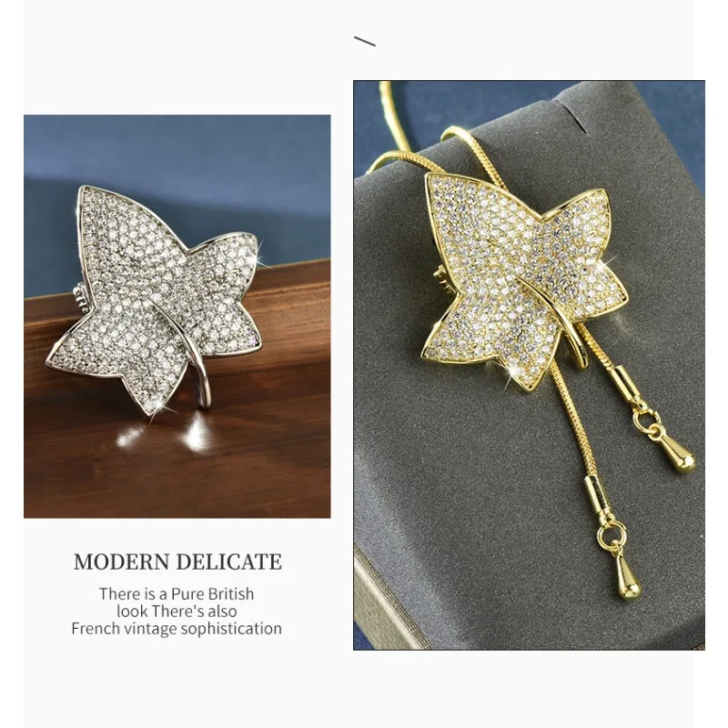 

A multi-functional sweater chain, a lady's brooch, and a double-wear long necklace set with diamonds and maple leaves