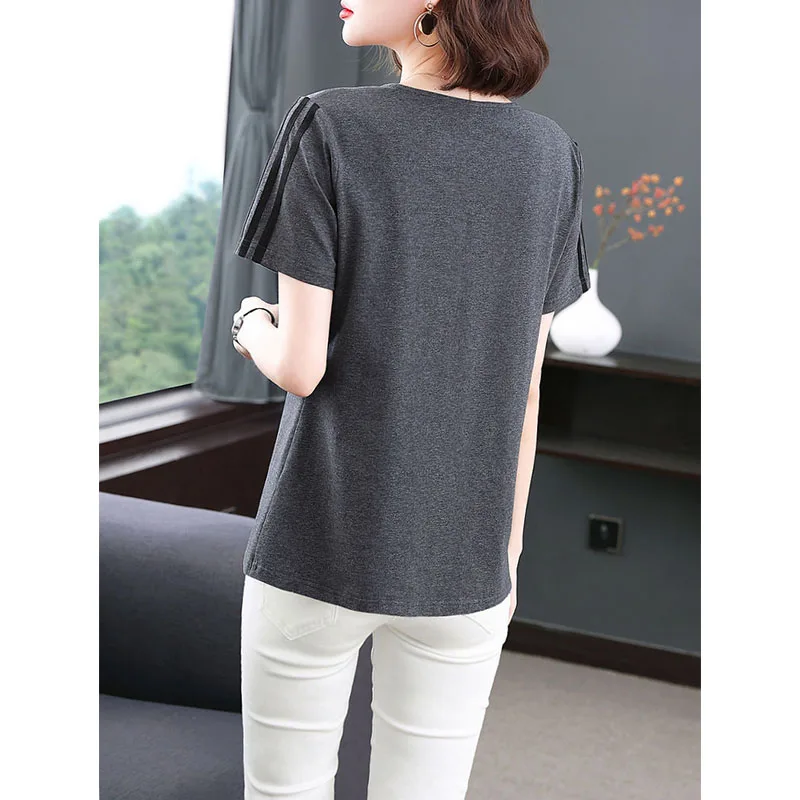 Women Summer New Fake Two Midi Short Sleeve T-shirt Big Size Fashion O-Neck Solid Zipper Spliced Pullover Casual Loose Thin Tops