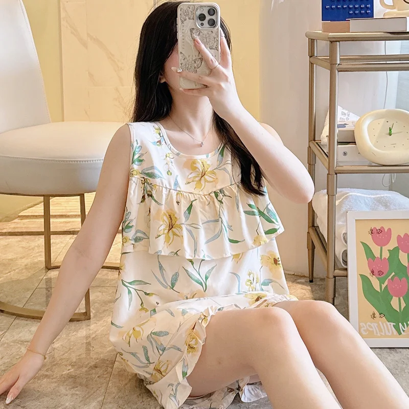 

Ladies Summer Silk Spwear Thin Home Clothes Set with Lace orts Anti-Bue Home Comfortable Nightgown round Ne ort Sl...
