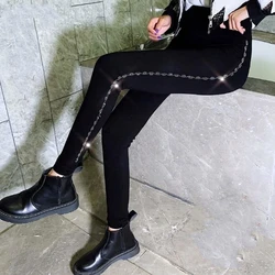 Autumn Winter Leggings for Women Sequin Rhinestone Pants Warm Plus Size High Waist Black Skinny Trousers