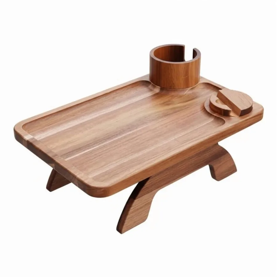 

Sofa Arm Tray 3-in-1 Clip-On Table TV Tray with Rotating Cup Holder and Phone Stand Brown