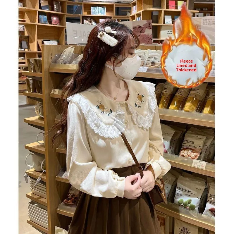 

Утепленная женская рубашка с вышивкой и воротником-стойкой, на флисовой подкладке, из вельвета с кружевной отделкой, новая модель для весны, осени и зимы