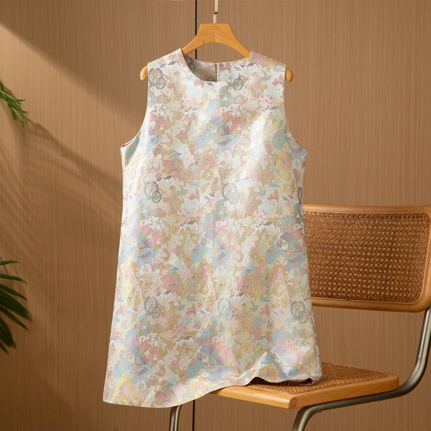 

Silk Tang Suit Vest Dr round Ne Svel Outerwear High Waist A-Line Silken Gown for Women Daily Wear