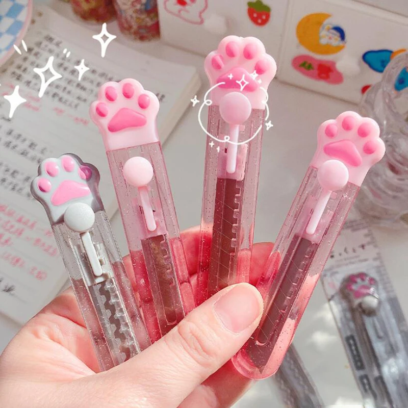 Cute Cat Paw Utility Knife DIY Paper Cutter Express Box Envelope Opener Kawaii Transparent Mail Knife Cutter Office Supplies