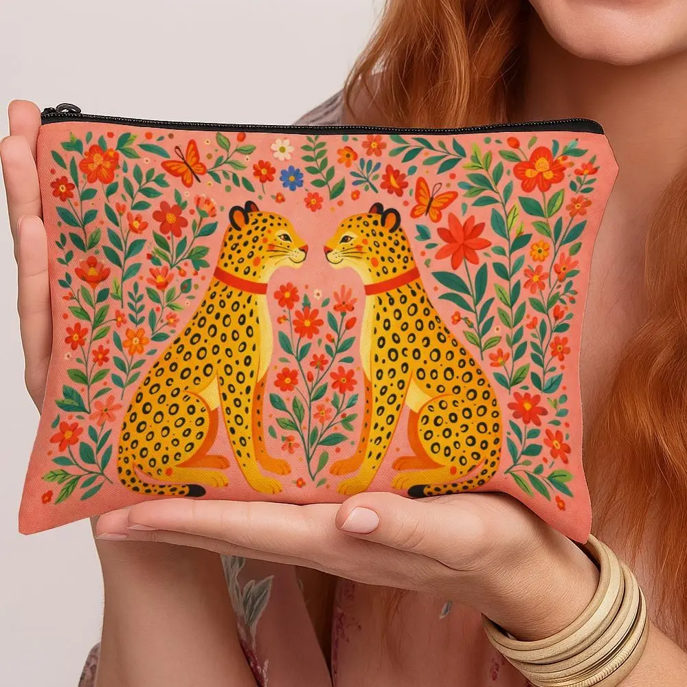 Folk Art Animal Leopard Pattern Print Cosmetic Bag Floral Big Cat Symmetrical Decorative Illustration Toiletry Bag Gift Bags