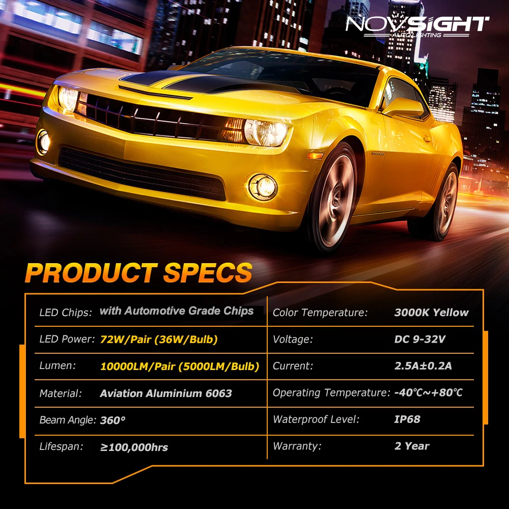 NOVSIGHT Led H7 Bulb Car Headlight Bulbs 3000K Yellow H1 H3 H4 H11 H8 H9 H13 9005 9006 9007 10000LM Mini Size Auto Accessories